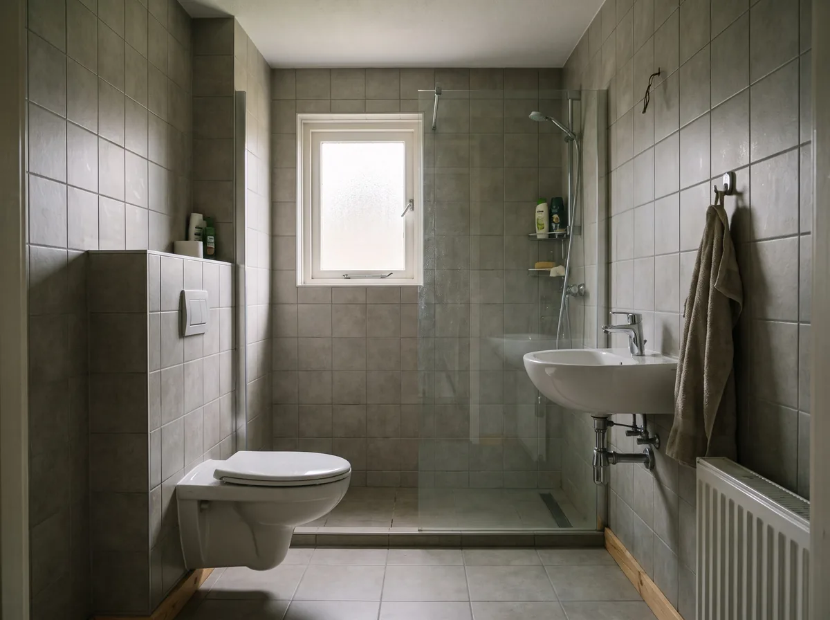 Gerenoveerde badkamer met grijs tegelwerk, inloopdouche, hangend toilet en wastafel
