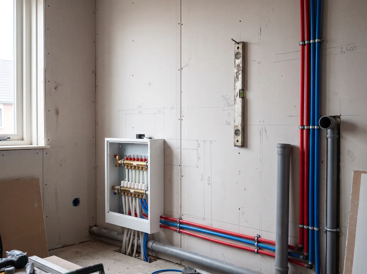 Leidingwerk met cv-verdeler in een wandkast en aan- en afvoerleidingen langs de wand