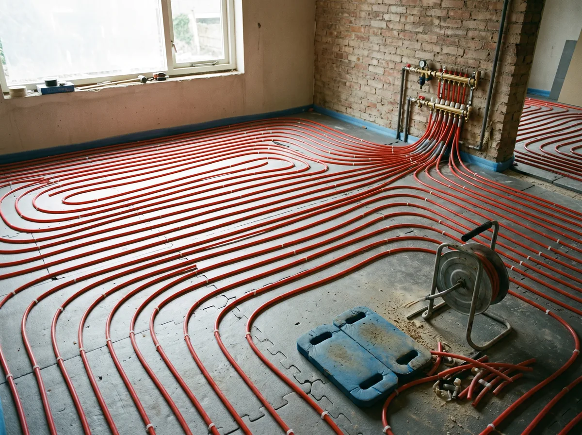 Aangelegde vloerverwarmingsleidingen op een betonvloer met verdeler aan de wand